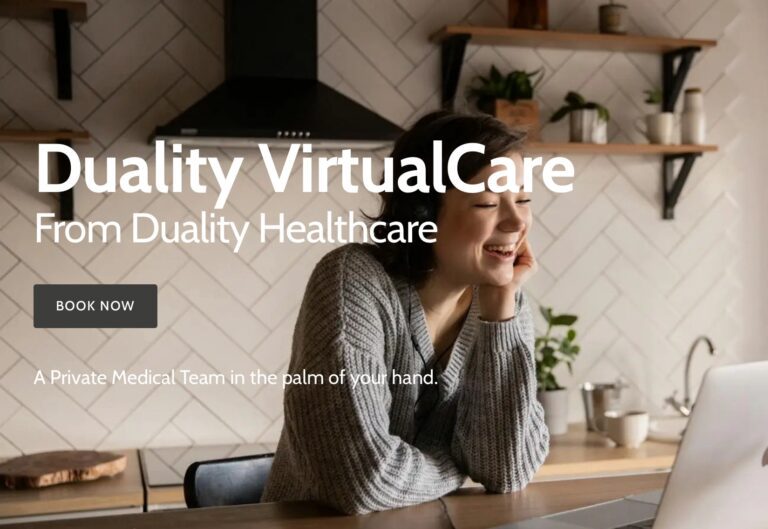 A woman sits at a kitchen table, smiling at her laptop. Text on the image promotes Duality VirtualCare, a private virtual medical team service.