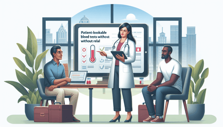A doctor stands in front of a screen displaying health information, speaking to two seated men in an office setting with plants and cityscape views.