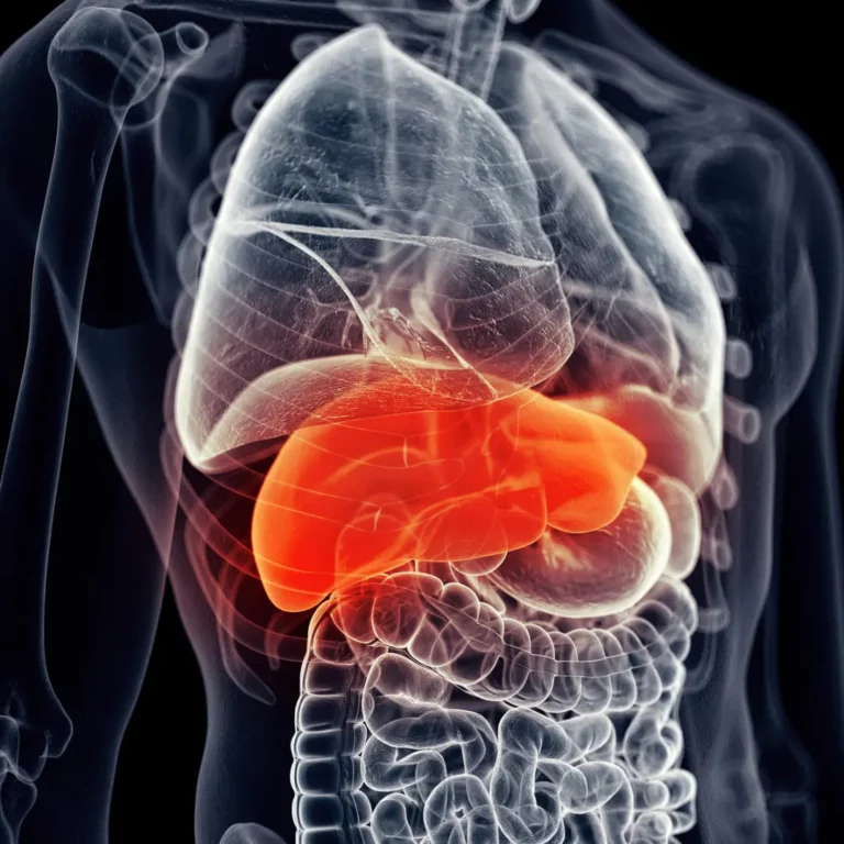 Medical illustration showing a transparent upper torso with highlighted liver and internal organs visible.