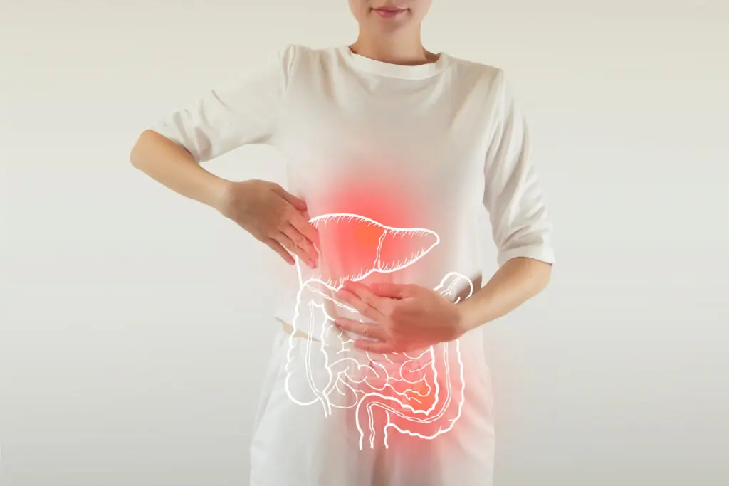A woman points to her abdomen with an illustration of the digestive system and a red highlight indicating stomach pain or discomfort.