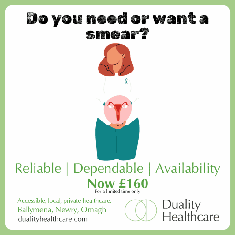 Illustration of a woman with a womb graphic, promoting smear tests for ยฃ160 at Duality Healthcare, with emphasis on reliability, dependability, and availability.