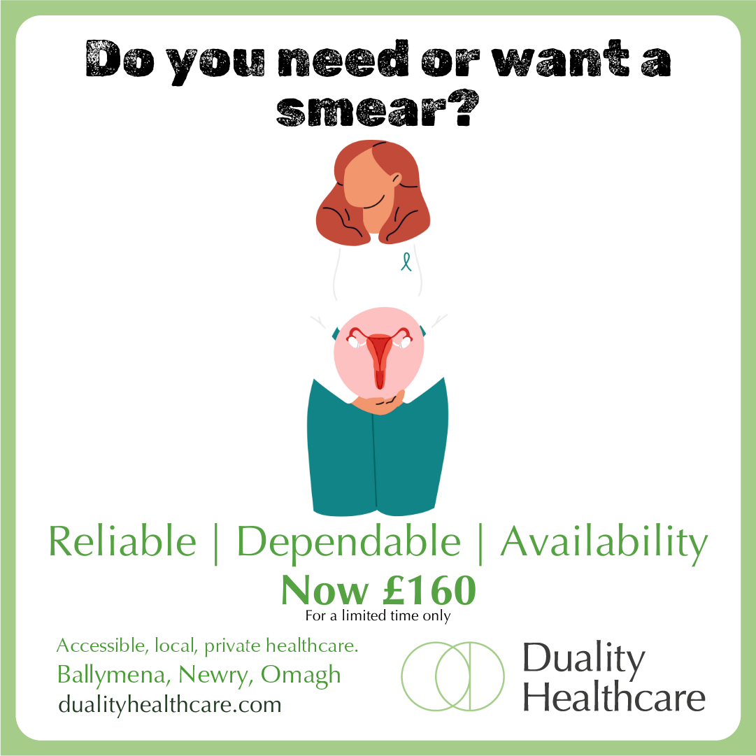 Illustration of a woman with a womb graphic, promoting smear tests for ยฃ160 at Duality Healthcare, with emphasis on reliability, dependability, and availability.
