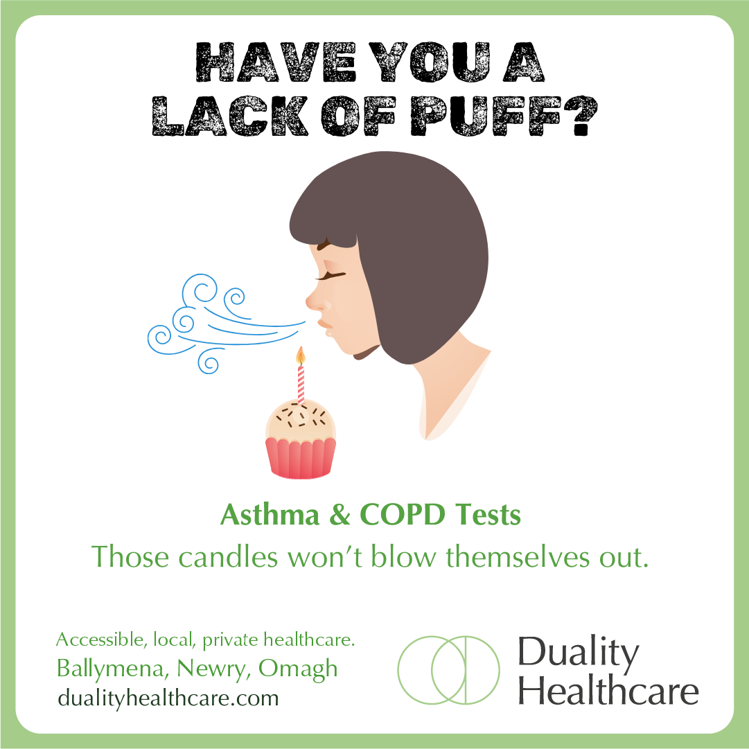 Illustration of a woman struggling to blow out a cupcake candle with text promoting asthma and COPD tests by Duality Healthcare.