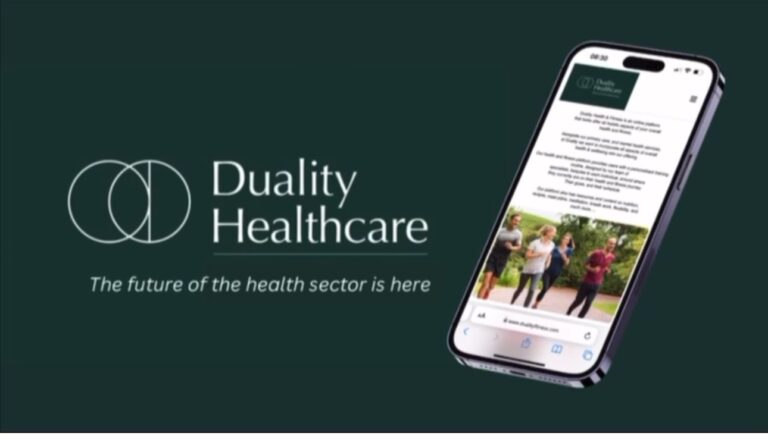 Duality Healthcare logo and tagline appear on a dark background next to a mobile phone displaying a webpage with four people walking outside.
