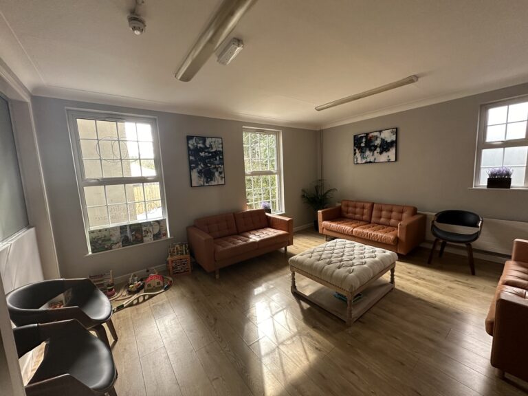 A waiting room with brown sofas, chairs, a cushioned table, wooden floor, wall art, windows, a plant, and a children's play area with toys in one corner.