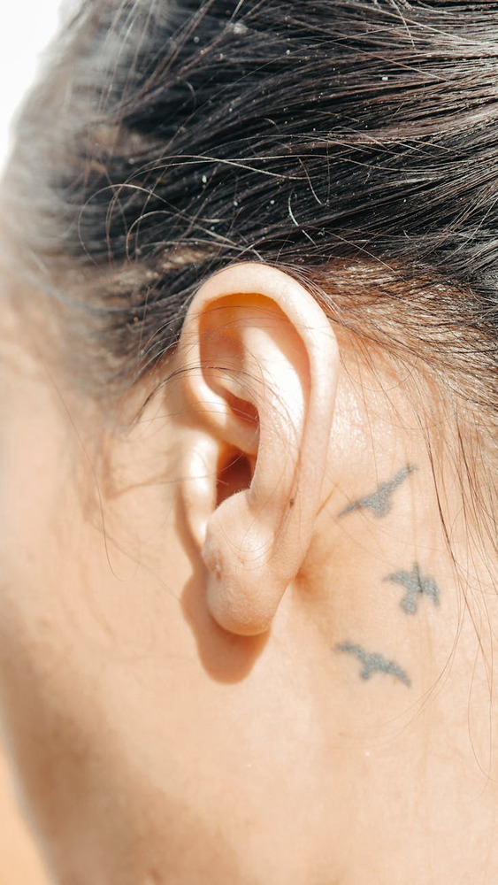 Close-up of a person's ear with three bird tattoos behind it; the background is blurred and the hair is wet.